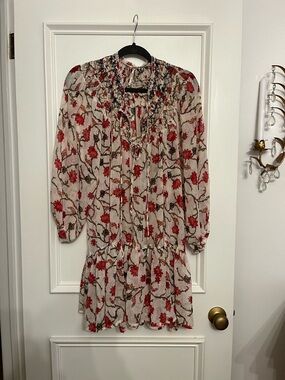 FREE PEOPLE Floral Red and Cream Long-Sleeve Tiered Dress